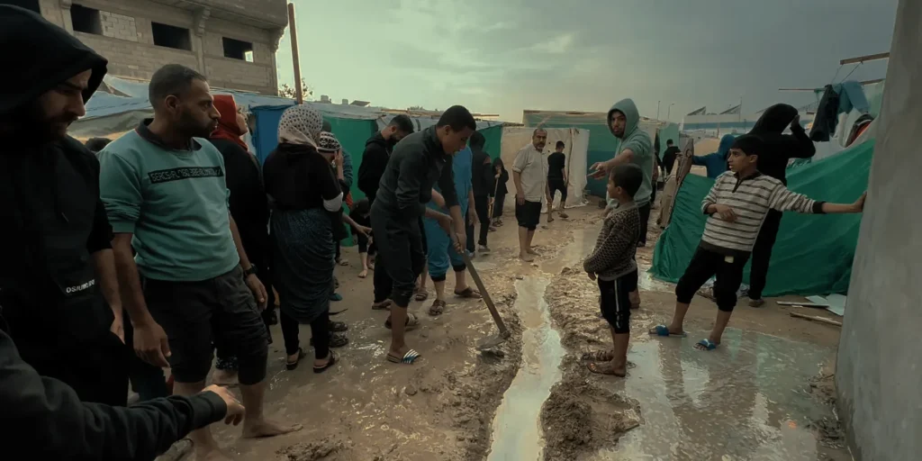 Neighbours dig a channel to drain rainwater from between the tents in a camp in Gaza